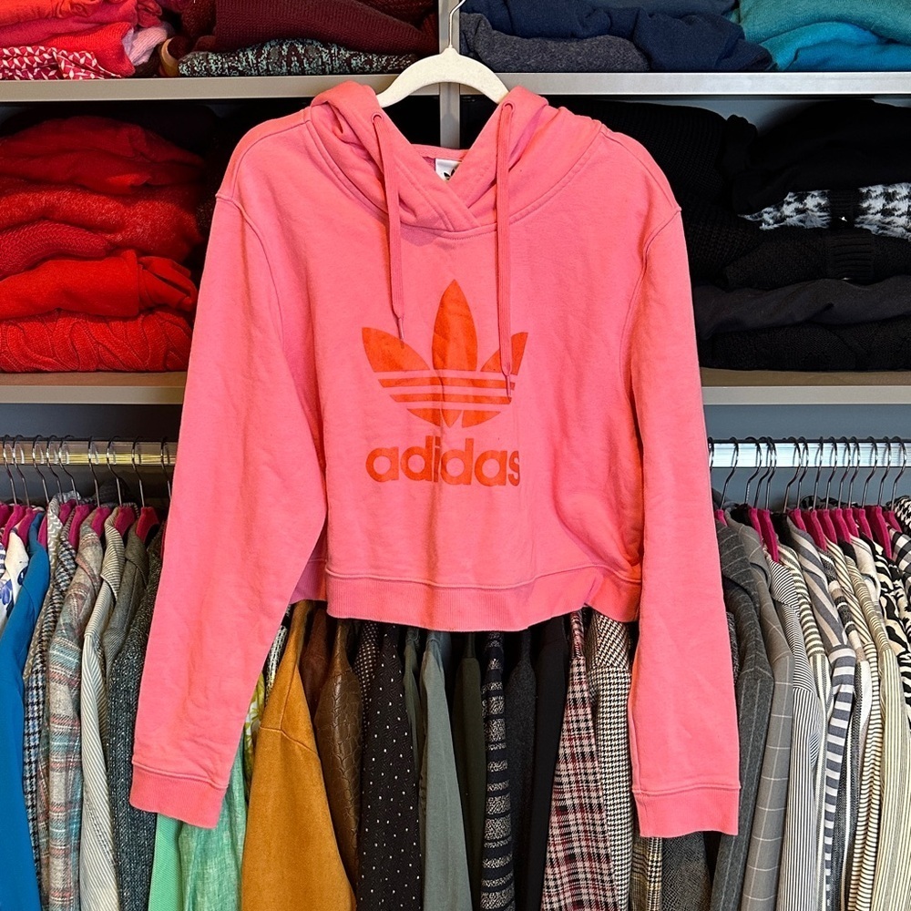 Adidas pink long sleeve cropped logo hoodie size L